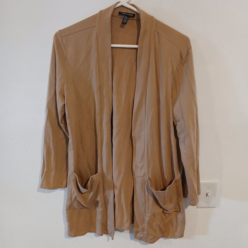 Eileen Fisher Cozy Brushed Terry High Collar Long Cardigan Sz S